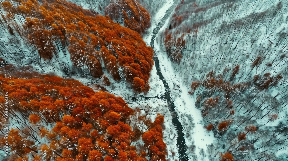 Poster an aerial view of a river running through a forest covered in snow and surrounded by trees with oran