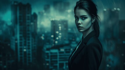 Architect of Twilight - Enigmatic Businesswoman in a Neon Noir City