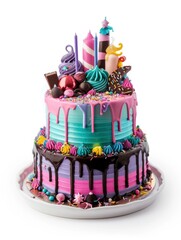 Best ever birthday cake with lots of decor, isolated on white background, photorealistic, professional studio photo