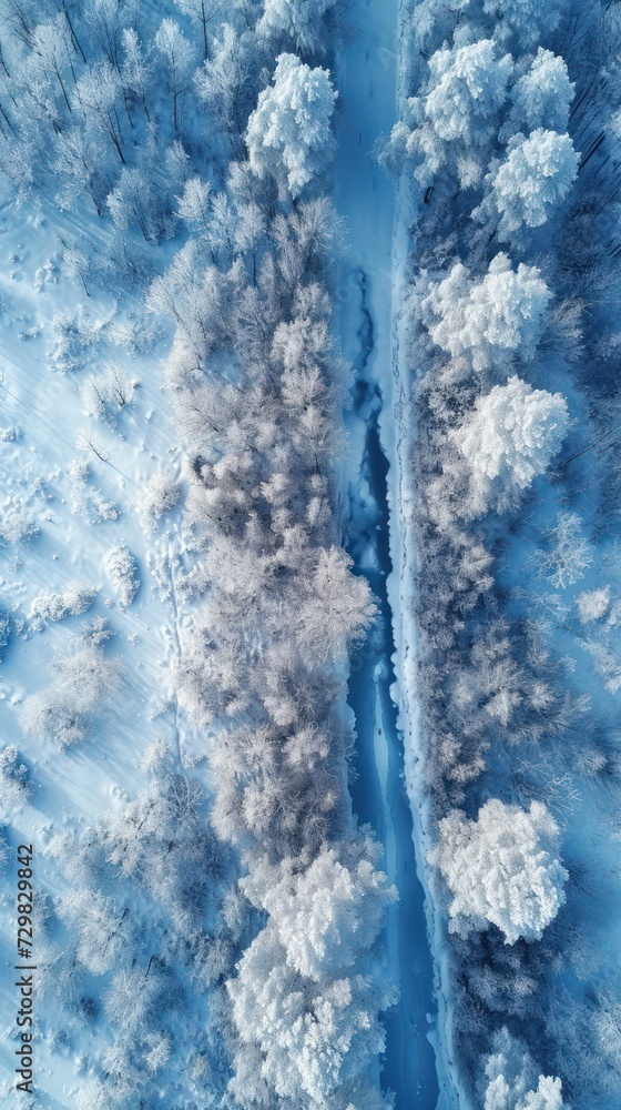 Poster an aerial view of a snow covered area with trees in the foreground and a body of water in the middle