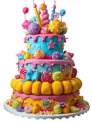 delicious, large birthday cake for a child's birthday, bright colors, lots of decor, isolated on a white background