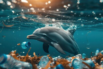 A dolphin gracefully swims through a sea overwhelmed by a multitude of plastic bottles. Ecological global problem: plastic pollution of the ecosystem - obrazy, fototapety, plakaty