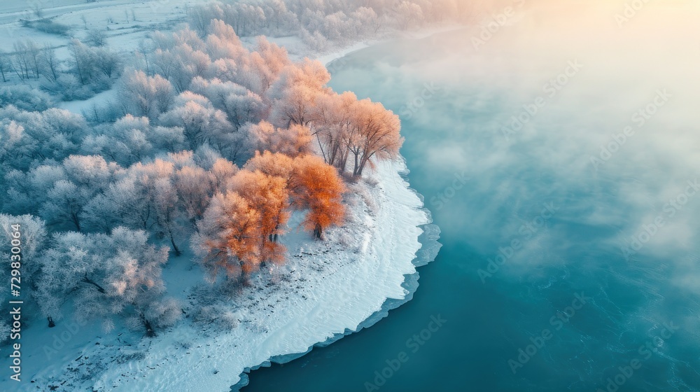 Poster an aerial view of a river surrounded by trees in the middle of a snow covered area with ice on the g
