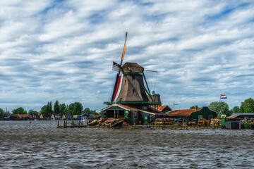  View of the wooden wind powered sawmil located at the Zaanse Schans