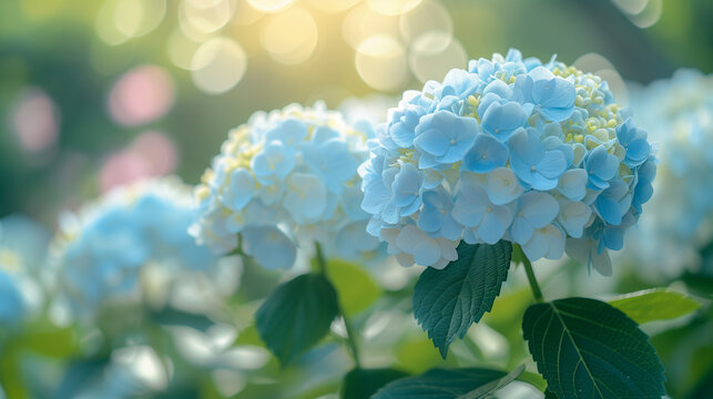 Hydrangea macrophylla bush with white and light blue flowers in sunny garden, bokeh, atmospheric photo