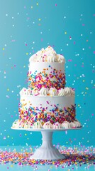 Greeting card template with best ever super decorated funfetti birthday cake, free space for text, bright color flat background