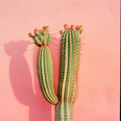 Naklejka premium Vibrant Green Cacti Against a Soft Pink Background - High-Quality, Royalty-Free Stock Image Perfect for Wall Art, Decor, and Design Projects