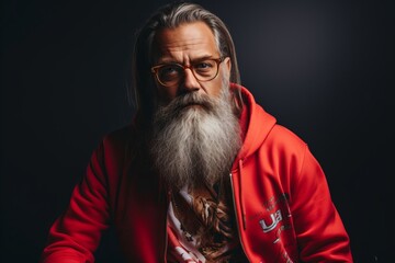 Studio portrait of an old man with long gray beard and mustache in a red jacket and glasses on a black background