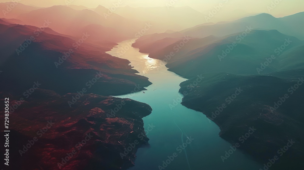 Poster an aerial view of a body of water surrounded by mountains and a valley with a river running through 
