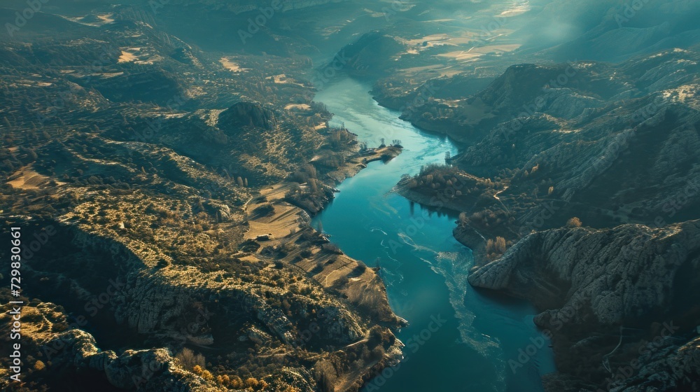 Poster an aerial view of a river running through a mountain range in the middle of a valley with lots of tr