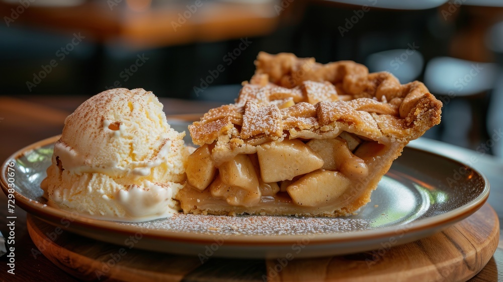 Poster a close up of a plate of food with a scoop of ice cream and a slice of pie on a plate with a scoop o