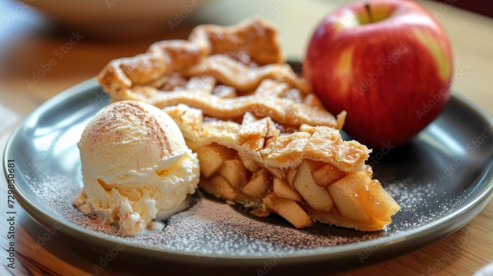 Poster a close up of a plate of food with an apple and a scoop of ice cream next to a slice of pie on a pla