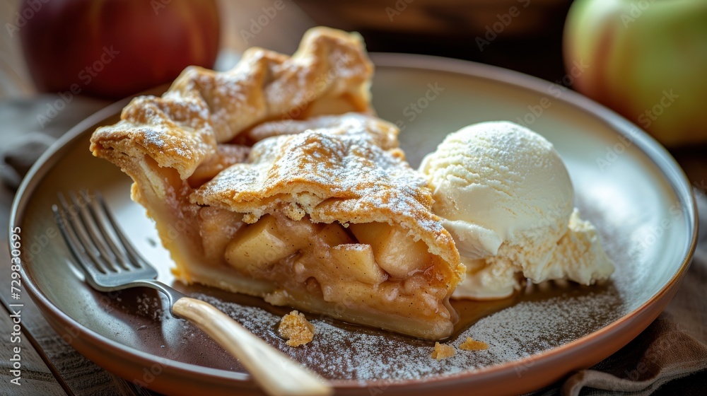 Poster a slice of apple pie on a plate with a scoop of ice cream on top of it and a fork in front of a plat