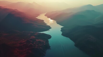Fototapeta premium an aerial view of a body of water surrounded by mountains and a valley with a river running through it in the middle of the middle of the middle of the picture.