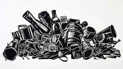 Black and white sketch of discarded items.