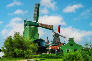 Naklejka premium rural landscape with windmills in Zaanse Schans. Holland, Netherlands