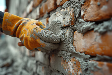 A close-up of skilled hands laying bricks with precision, spreading mortar with a trowel on a bright