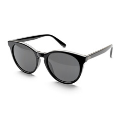 A classic pair of sunglasses rests alone on a clean white background