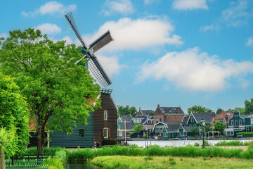 rural landscape with windmills in Zaanse Schans. Holland, Netherlands