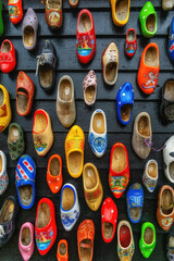 Set of different colorful vintage Dutch wooden clogs