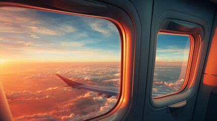 Sunset Glow Around Airplane Window with Wing Over Clouds