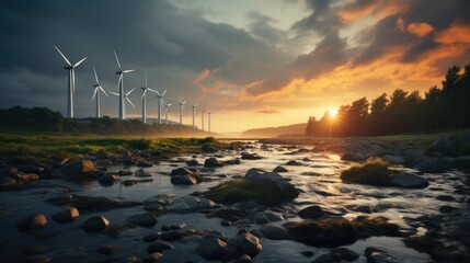 Sunset at Coastal Wind Farm with Rocky Shoreline - obrazy, fototapety, plakaty