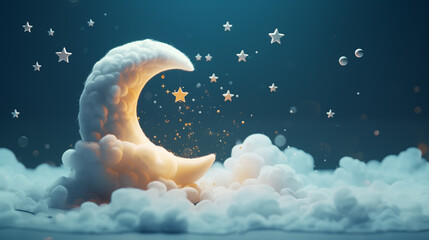 A whimsical crescent moon illustration in the fluffy clouds in the sky among the stars