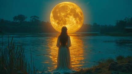 Art photo magic Fantasy woman and moon, holding universe planet in hands raises to dark night sky. 