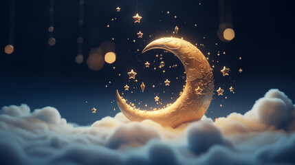 A whimsical crescent moon illustration in the fluffy clouds in the sky among the stars