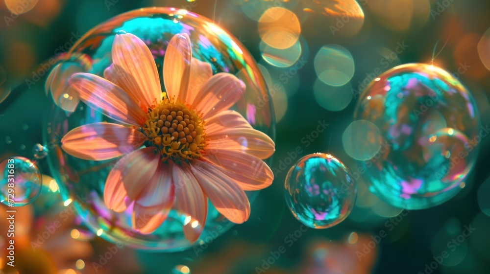 Poster a close up of bubbles and a flower with a blurry image of a flower in the middle of the bubbles and 