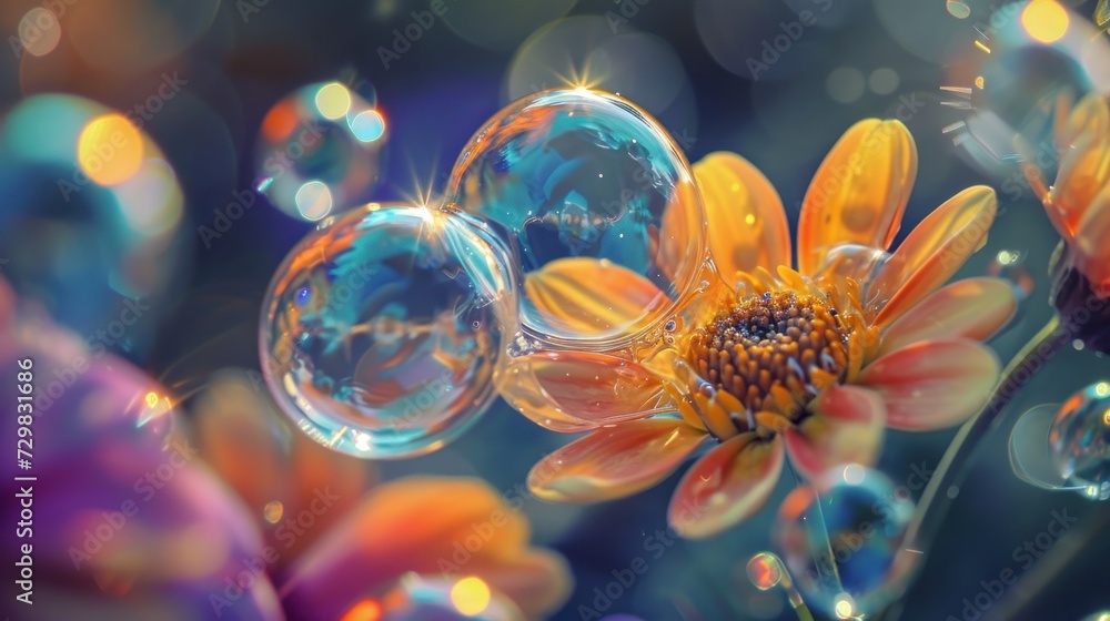 Poster a close up of a flower with bubbles in the foreground and a blurry image of a flower in the backgrou