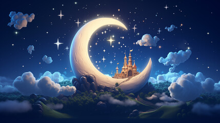 A whimsical crescent moon illustration in the fluffy clouds in the sky among the stars