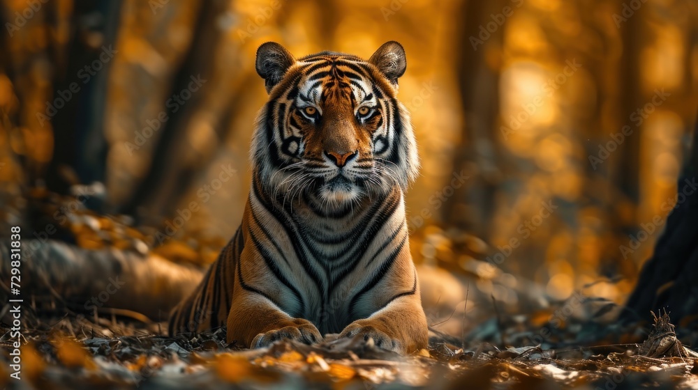 Poster a tiger sitting in the middle of a forest with leaves on the ground and a tree in the background wit