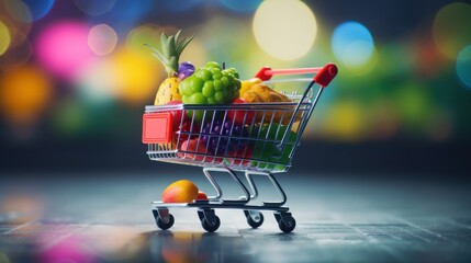 Mini Shopping Cart Filled with Fresh Produce - obrazy, fototapety, plakaty