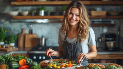 A happy middle-aged woman preparing a meal in the kitchen - obrazy, fototapety, plakaty