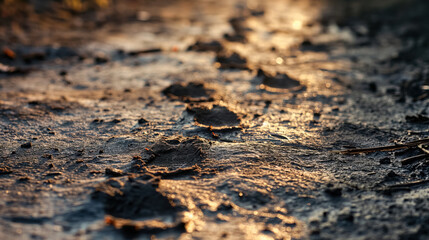 Fototapeta na wymiar Mud footprint texture in golden light.