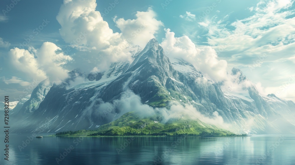 Poster an island in the middle of a body of water with a mountain in the background and clouds in the sky o
