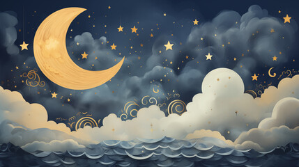 Children's bed time story illustration. Crescent moon and whimsical clouds in the sky. 
