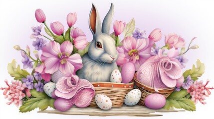 Easter Bunny with Basket and Spring Flowers Illustration