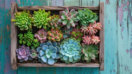 a group of succulents in a wooden box on a blue painted wooden paneled wall in front of a blue painted wooden door with peeling paint and peeling paint.