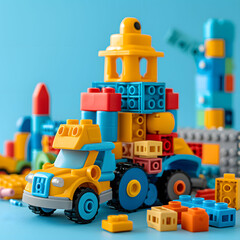 toy train on white toy truck on a blue background blocks