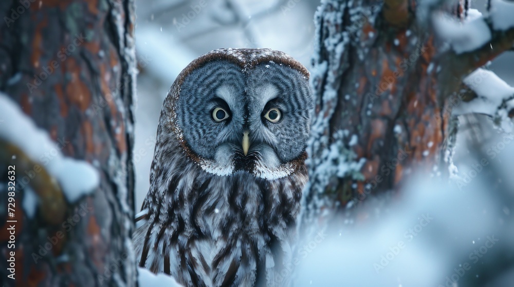 Poster a close up of an owl on a tree branch in a snowy area with snow on the ground and behind it is a tre