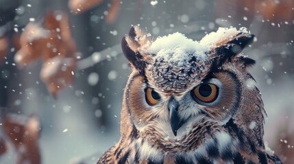  a close up of an owl with a lot of snow on it's head and a blurry background of leaves and branches in the foreground, with snow on the foreground. - obrazy, fototapety, plakaty