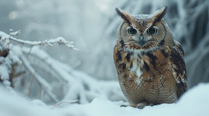  a close up of an owl sitting in the snow with trees in the back ground and snow on the ground in front of it, and behind it is a branch with snow on the ground.