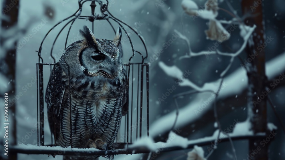 Poster an owl sitting in a birdcage on a tree branch in a snowy forest with snow falling on the branches an