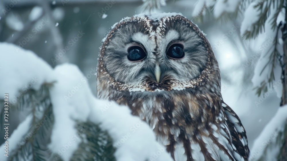 Poster a close up of an owl sitting in a tree with snow on it's branches and looking at the camera with a b