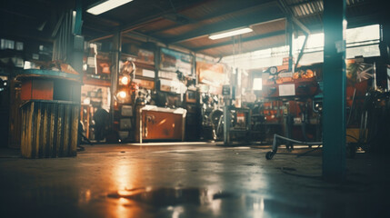 Atmospheric View Inside a Vintage Automotive Garage - obrazy, fototapety, plakaty