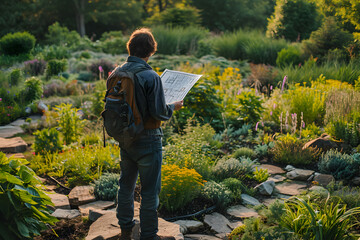 Man Holding a Map in a Garden