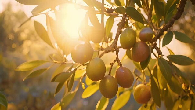 Ripe Olives on the tree branch, sunset light. The sun rays twinkle in the garden with an olive tree