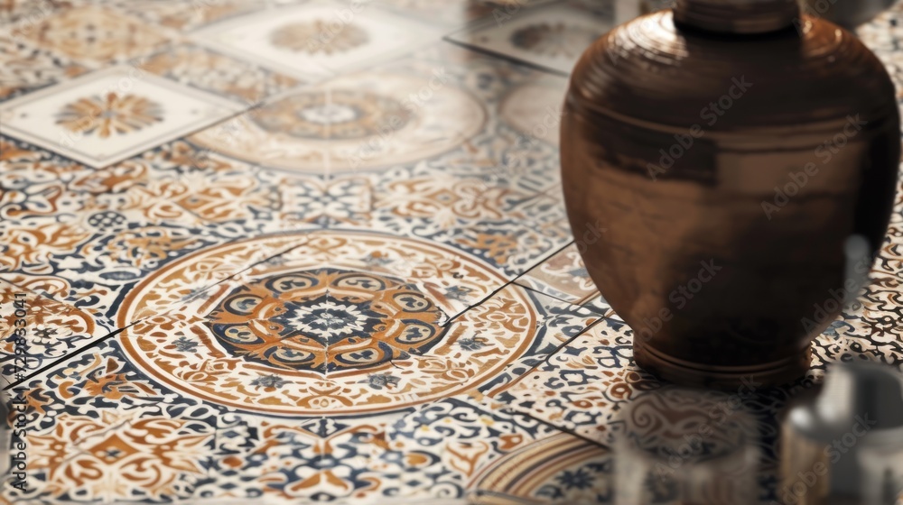 Poster a vase sitting on top of a tiled floor next to a vase on top of a tiled floor next to a vase on top 